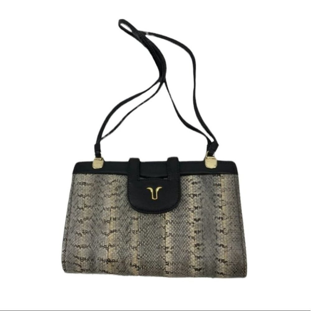 Snakeskin  top clasp shoulder bag tan black